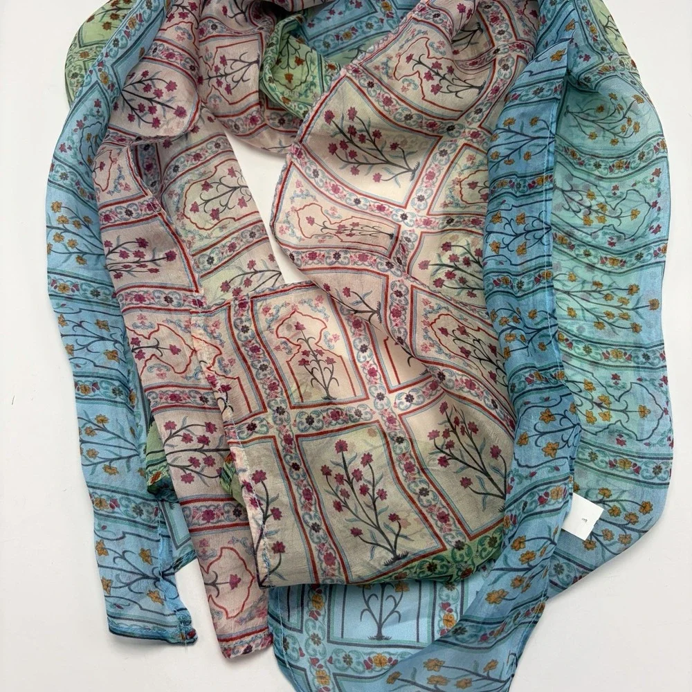 World Market Silk Scarf Floral Teal Asian Rectangle Feminine Prairie Coquette